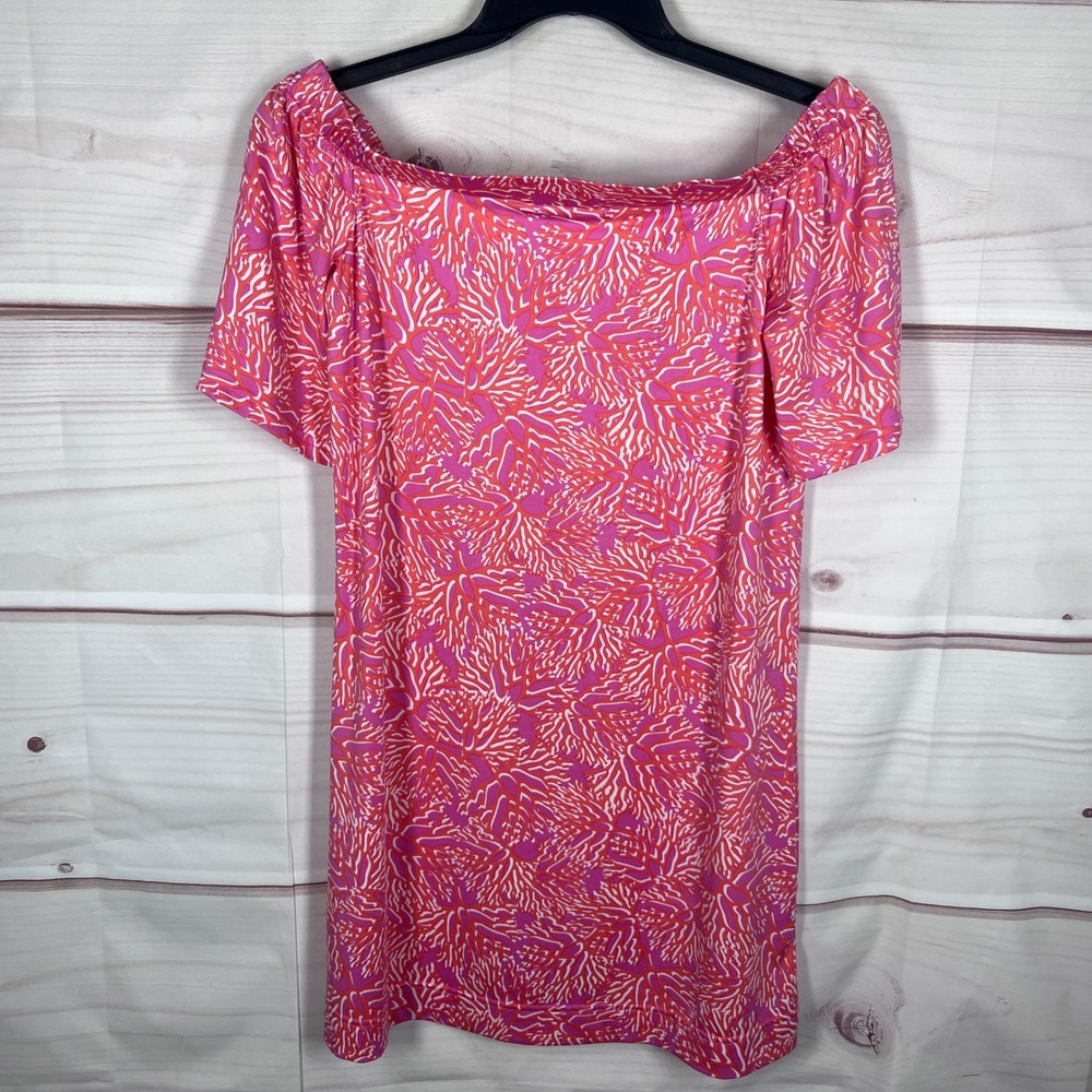 La Mer Luxe Dress Women Medium Pink Coral Print Off Shoulder Short Sleeve Shift